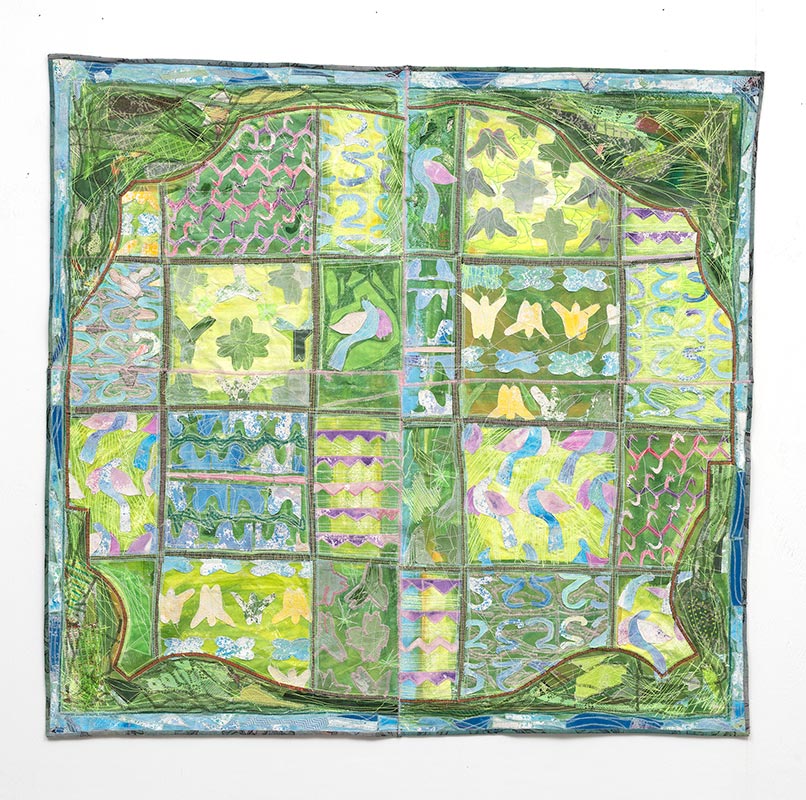 Andre Barion, Quadriculado com Pássaros, 2022, lona, brim e algodão tingidos, 127 x 132 cm - Andre Barion 